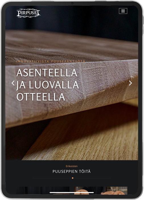 Näkymä Pirpusten verkkosivujen etusivusta padissa.