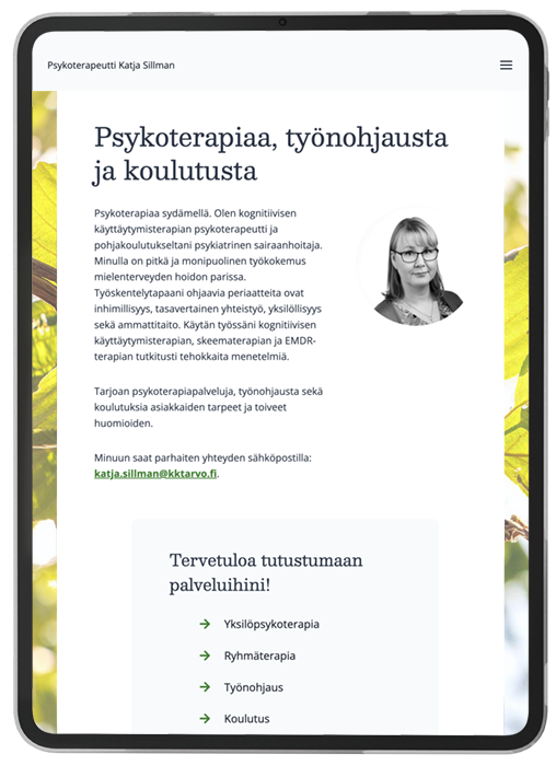 Näkymä Katja Sillmanin verkkosivujen etusivusta padissa.